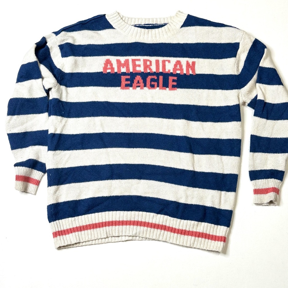 American Eagle Outfitters Navy and White Striped Crewneck Sweater Sz XS